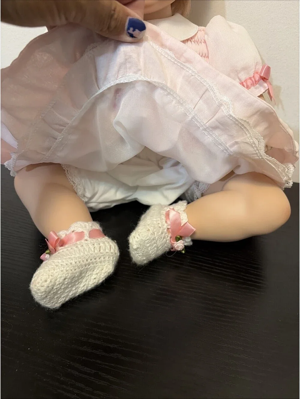 Danbury Mint Porcelain Girl Doll Pink Flower Dress Crochet Booties Collectible